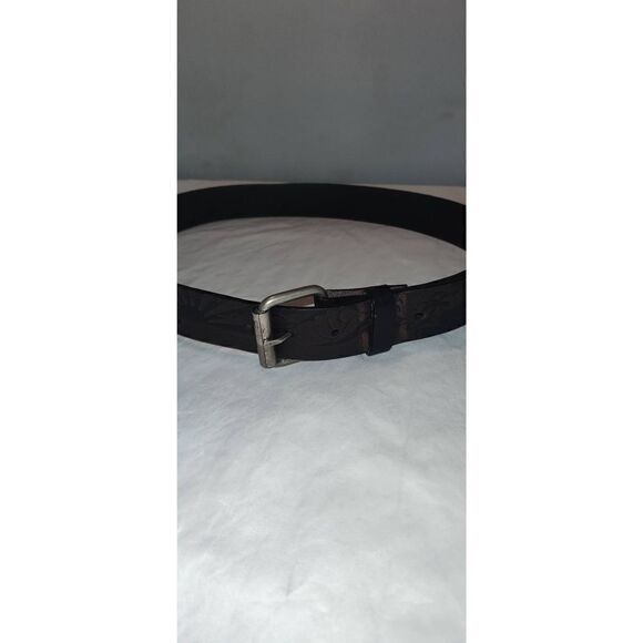 Sunset Beach Palm tree embossed Genuine leather belt Size 36 Brown with silver t - Picture 1 of 7